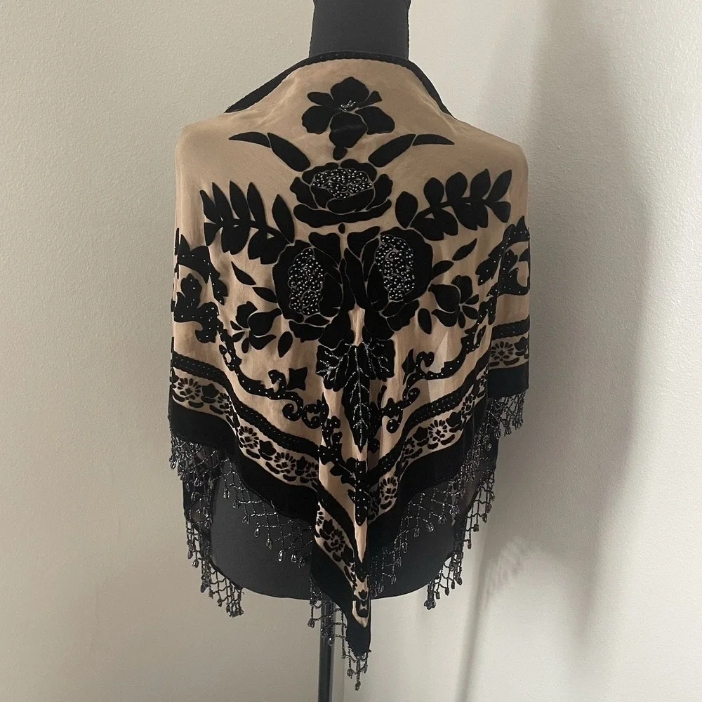 Silk Velvet Burnout Devore Triangle Shawl Scarf Wrap Beaded Fringe Floral Boho